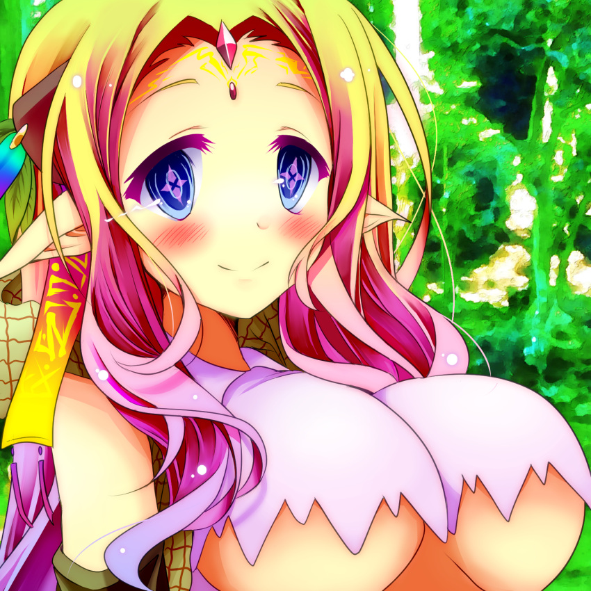 1girl blonde_hair blue_eyes blush breasts closed_mouth elf feel_nilvalen forehead_jewel gradient_hair hair_ornament highres large_breasts long_hair looking_at_viewer mimi0846 multicolored_hair no_game_no_life pointy_ears smile solo symbol-shaped_pupils under_boob very_long_hair