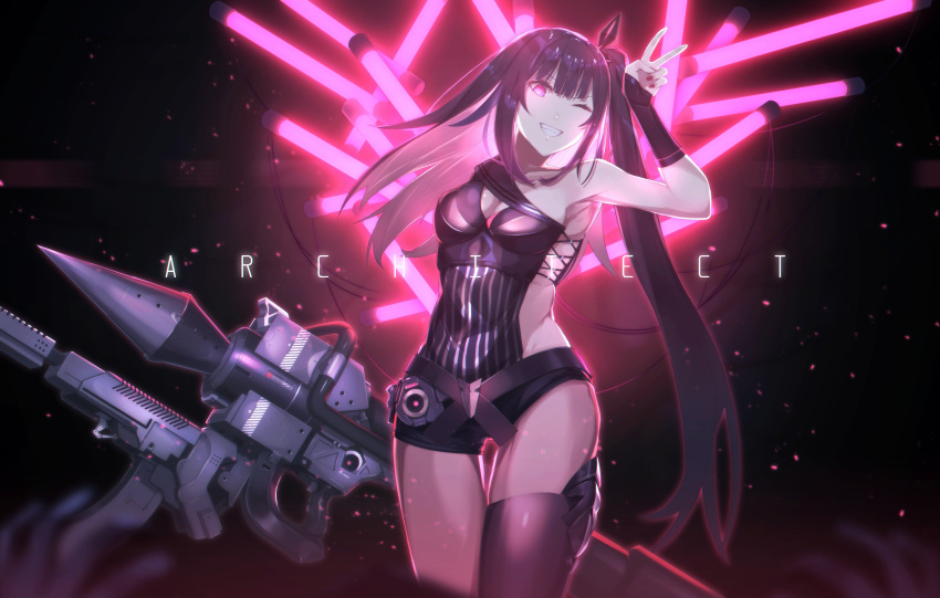 1girl absurdres architect_(girls_frontline) armpits asymmetrical_clothes bangs black_hair black_legwear blush breasts character_name cleavage cowboy_shot eyebrows_visible_through_hair girls_frontline grin gun hair_ornament highres holding holding_gun holding_weapon inpamas light_particles long_hair looking_at_viewer medium_breasts nail_polish one_eye_closed pale_skin pink_eyes pink_nails sangvis_ferri side_ponytail sidelocks smile solo thigh-highs v very_long_hair violet_eyes weapon