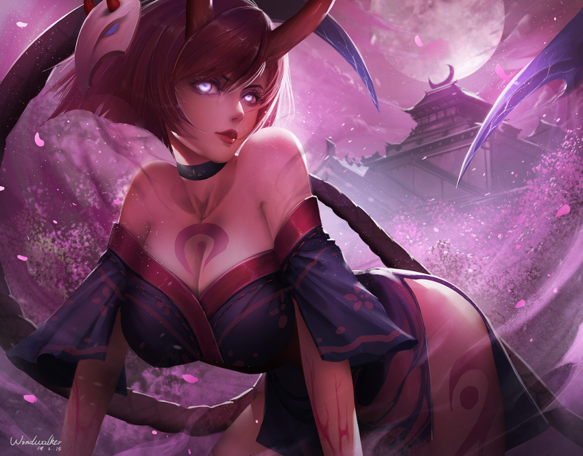 1girl all_fours artist_name bare_arms bare_shoulders black_choker breasts choker cleavage collarbone commentary_request detached_sleeves evelynn full_moon glowing glowing_eyes hair_between_eyes hair_ornament highres horns japanese_clothes kaze_no_gyouja kimono league_of_legends long_hair looking_at_viewer moon night outdoors red_horns red_lips sleeveless sleeveless_kimono smile solo strapless yellow_eyes