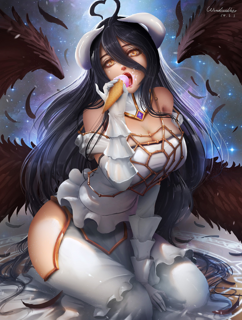 1girl ahoge albedo artist_name bare_shoulders between_legs black_hair black_wings breasts cleavage commentary commentary_request dated demon_girl demon_horns demon_wings dress english_commentary feathered_wings food gloves hair_between_eyes hand_between_legs heart highres holding holding_food horns ice_cream ice_cream_cone kaze_no_gyouja kneeling large_breasts long_hair looking_at_viewer overlord_(maruyama) slit_pupils solo white_dress white_gloves white_horns wings yellow_eyes