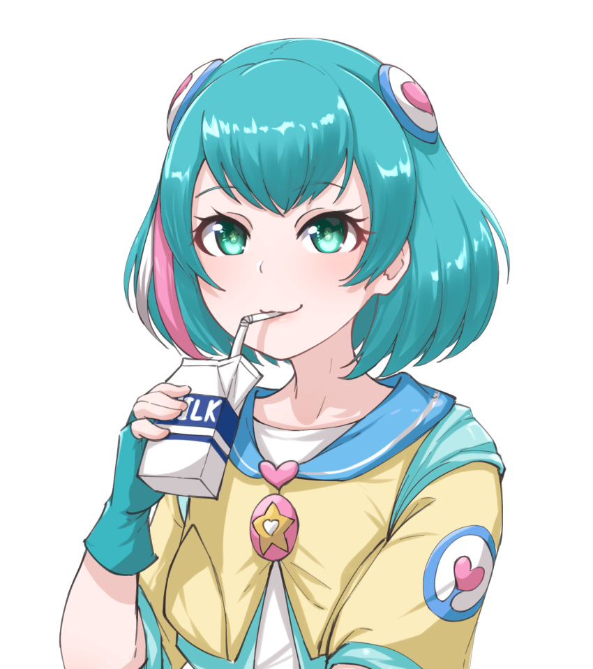 1girl :3 aqua_gloves aqua_hair bangs character_name disco_brando drinking_straw eyebrows_visible_through_hair fingerless_gloves gloves green_eyes hagoromo_lala hair_ornament heart highres looking_at_viewer milk_carton multicolored_hair pink_hair precure short_hair simple_background smile solo star star_in_eye star_twinkle_precure streaked_hair symbol_in_eye upper_body white_background white_hair