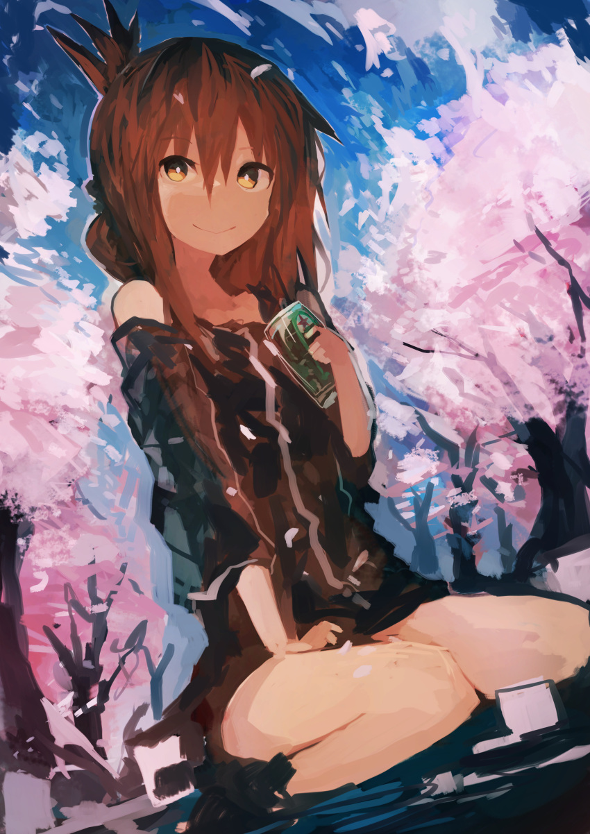 1girl absurdres alternate_costume bangs beer_can brown_hair can cherry_blossoms commentary folded_ponytail hair_between_eyes hanami highres holding holding_can inazuma_(kantai_collection) kaamin_(mariarose753) kantai_collection long_hair looking_at_viewer medium_request sidelocks sitting smile wariza yellow_eyes