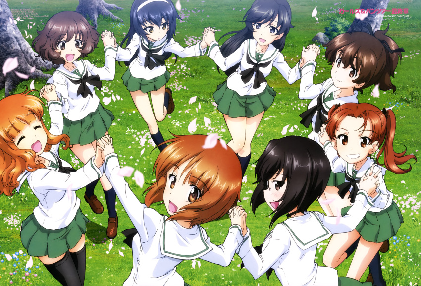 6+girls :d ^_^ abe_munetaka absurdres akiyama_yukari animedia bangs black_hair black_legwear blouse blunt_bangs blush bow breasts brown_eyes brown_hair cherry_blossoms closed_eyes closed_eyes eyebrows_visible_through_hair girls_und_panzer grass green_skirt grey_eyes grin hair_bow hair_ribbon highres isuzu_hana kadotani_anzu kawashima_momo koyama_yuzu long_hair long_sleeves looking_at_viewer magazine_scan medium_breasts monocle multiple_girls neckerchief nishizumi_miho official_art ooarai_school_uniform open_mouth orange_hair petals pleated_skirt ponytail redhead reizei_mako ribbon scan school_uniform shiny shiny_hair short_hair skirt small_breasts smile socks swept_bangs takebe_saori thigh-highs tree twintails white_blouse