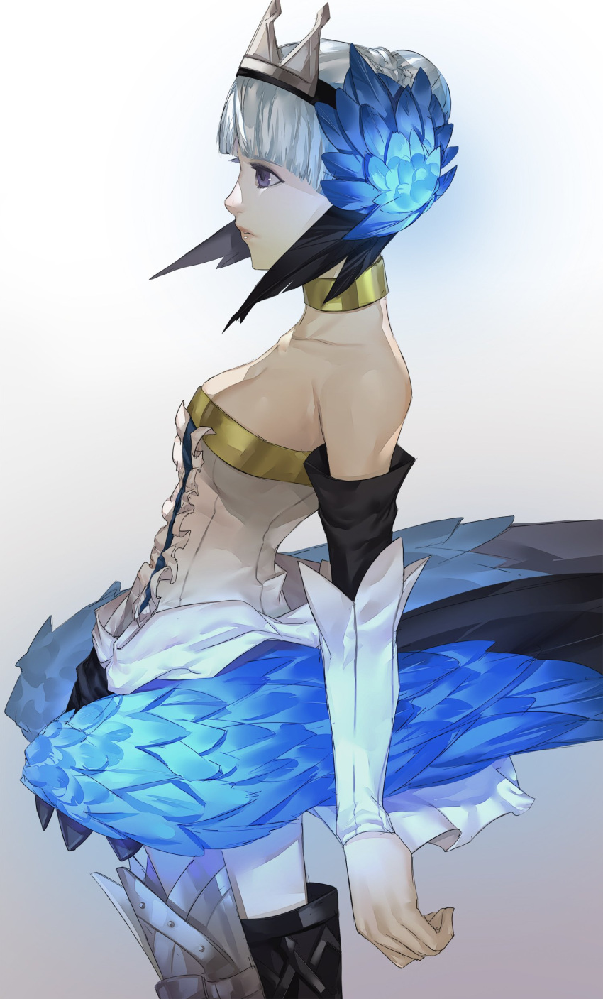 1girl absurdres armor armored_dress bare_shoulders blazpu choker crown dress feathers greaves gwendolyn highres multicolored multicolored_wings odin_sphere polearm simple_background solo spear strapless strapless_dress valkyrie weapon white_hair wings