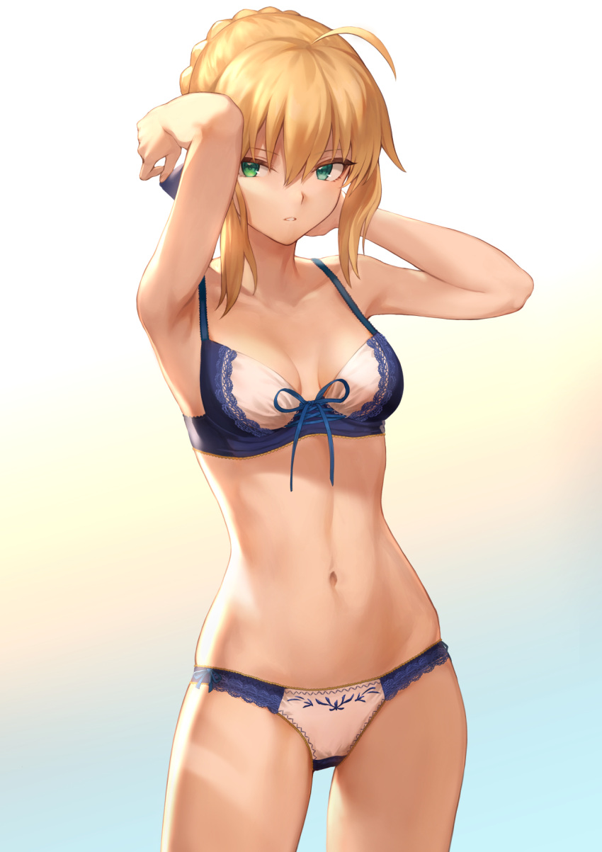 1girl ahoge aqua_eyes armpits arms_behind_head arms_up artoria_pendragon_(all) bangs bare_shoulders blonde_hair blue_bra blue_ribbon bow bra braid breasts collarbone commentary_request cowboy_shot crown_braid fate/stay_night fate_(series) gradient gradient_background green_eyes hair_between_eyes hair_bun hair_ribbon heterochromia highres lace lace-trimmed_bra lace-trimmed_panties lingerie looking_at_viewer mashu_003 medium_breasts navel open_mouth panties parted_lips ribbon ribbon-trimmed_bra saber sidelocks signature solo stomach thighs twitter_username underwear underwear_only