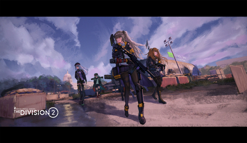 404_(girls_frontline) 4girls acog aircraft airplane artist_request assault_rifle beret boots clouds cloudy_sky commentary_request copyright_name crash_landing crossover g11_(girls_frontline) gameplay_mechanics girls_frontline gun h&amp;k_g11 h&amp;k_hk416 h&amp;k_ump hat health_bar highres hk416_(girls_frontline) hood hooded_jacket jacket lamppost mechanical_arm mod3_(girls_frontline) multiple_girls pantyhose rifle ruins sandbag sky submachine_gun suppressor thigh-highs tom_clancy's_the_division_2 ump45_(girls_frontline) ump9_(girls_frontline) washington_d.c. weapon