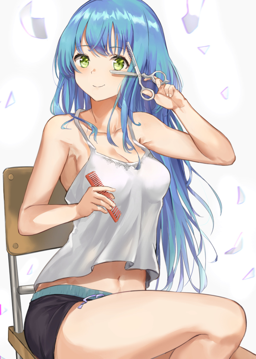1girl bangs bare_arms bare_shoulders black_shorts blue_hair blush breasts camisole chair cleavage closed_mouth collarbone comb commentary eyebrows_visible_through_hair green_eyes grey_background hand_up highres holding holding_comb holding_scissors long_hair looking_at_viewer medium_breasts mosta_(lo1777789) navel on_chair original scissors short_shorts shorts simple_background sitting smile solo symbol_commentary very_long_hair white_camisole