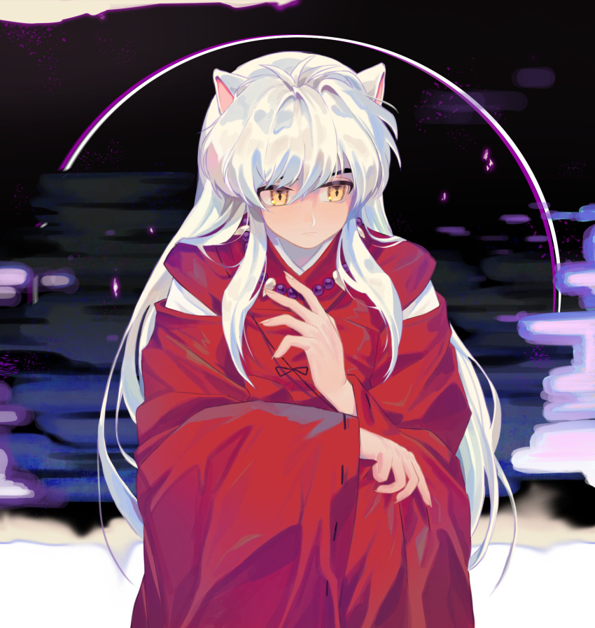 1boy animal_ears black_ribbon cbow highres inuyasha inuyasha_(character) japanese_clothes kimono long_sleeves looking_to_the_side red_kimono ribbon ribbon-trimmed_sleeves ribbon_trim shoulder_cutout silver_hair slit_pupils solo standing wolf_ears yellow_eyes