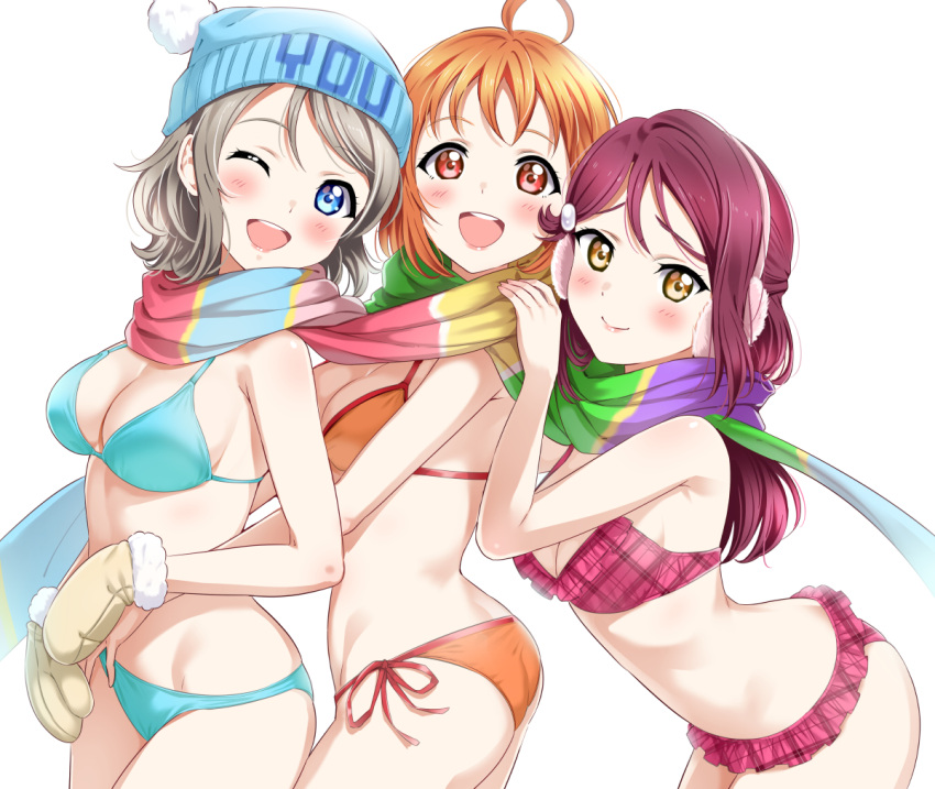 3girls :d ;d ahoge bangs bare_shoulders beanie bikini blue_bikini blue_eyes blue_headwear blush breasts character_name cleavage clothes_writing earmuffs frilled_bikini frills fur_trim girl_sandwich grey_hair hair_ornament hands_on_another's_shoulders hat lips long_hair looking_at_viewer love_live! love_live!_sunshine!! medium_breasts mittens multicolored multicolored_clothes multicolored_scarf multiple_girls one_eye_closed open_mouth orange_bikini orange_hair plaid plaid_bikini red_bikini red_eyes redhead rozen5 sakurauchi_riko sandwiched scarf shared_scarf short_hair side-tie_bikini sideboob simple_background smile swimsuit takami_chika teeth upper_teeth watanabe_you white_background yellow_eyes