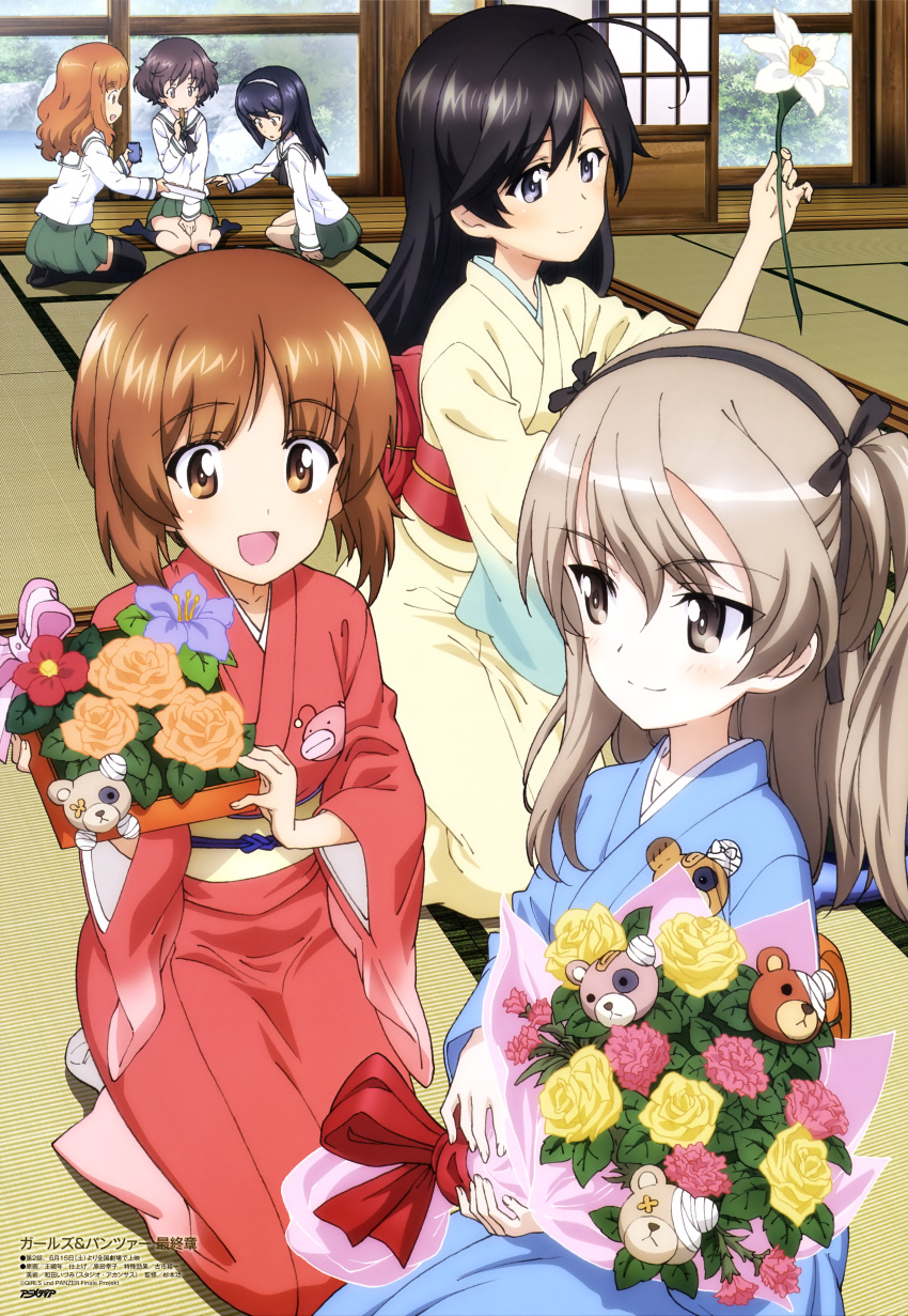 6+girls absurdres ahoge akiyama_yukari anglerfish bandage bangs black_hair boko_(girls_und_panzer) bouquet brown_eyes brown_hair cup eating eyebrows_visible_through_hair flower food girls_und_panzer green_skirt grey_eyes hair_ribbon hairband highres holding holding_cup holding_flower indoors isuzu_hana japanese_clothes kimono kneeling multiple_girls nishizumi_miho official_art ooarai_school_uniform open_mouth pleated_skirt reaching redhead reizei_mako ribbon rock sash school_uniform shimada_arisu shirt sitting skirt smile socks stuffed_animal stuffed_toy takebe_saori tatami teddy_bear thigh-highs wariza white_shirt window wooden_floor yukata