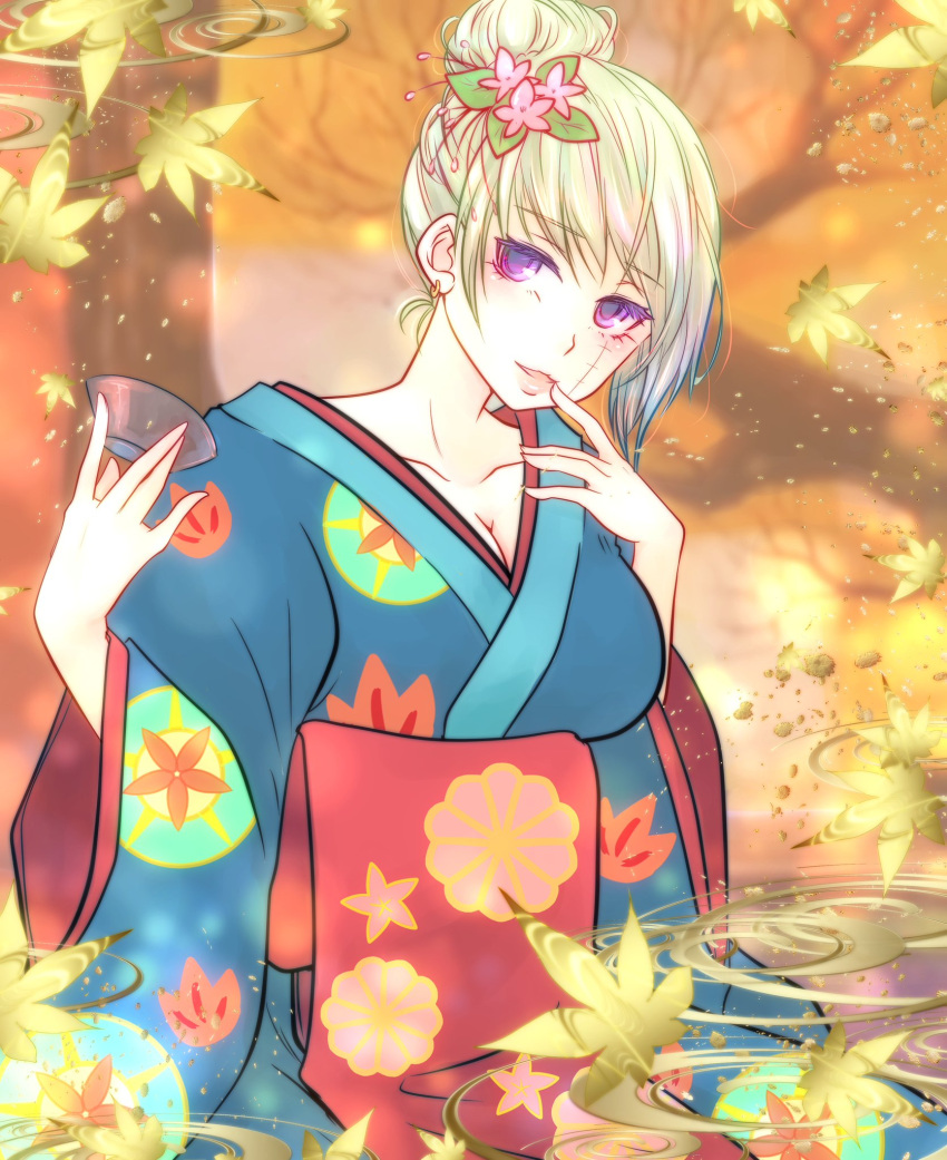 1girl blonde_hair blue_kimono breasts cleavage collarbone cup eyebrows_visible_through_hair facial_scar flower gintama hair_bun hair_flower hair_ornament highres holding holding_cup japanese_clothes kimono leaf leaf_print long_sleeves looking_at_viewer maple_leaf medium_breasts paleatus pink_flower print_kimono scar scar_on_cheek short_hair solo standing tied_hair tsukuyo_(gintama) upper_body violet_eyes wide_sleeves