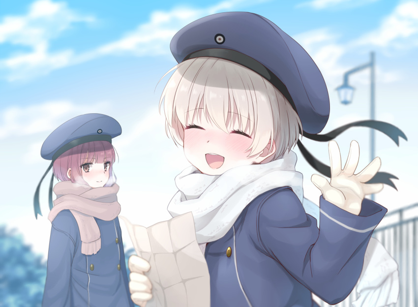 2girls bangs blue_sky blurry blurry_background blush breath brown_eyes brown_scarf buttons closed_eyes closed_mouth clouds commentary_request dress eyebrows_visible_through_hair gloves hair_between_eyes hat hat_ribbon highres holding holding_paper kantai_collection lamppost long_sleeves looking_at_viewer multiple_girls open_mouth outdoors paper redhead ribbon sailor_dress sailor_hat scarf short_hair sky smile standing totto_(naka) tree white_hair white_scarf winter z1_leberecht_maass_(kantai_collection) z3_max_schultz_(kantai_collection)