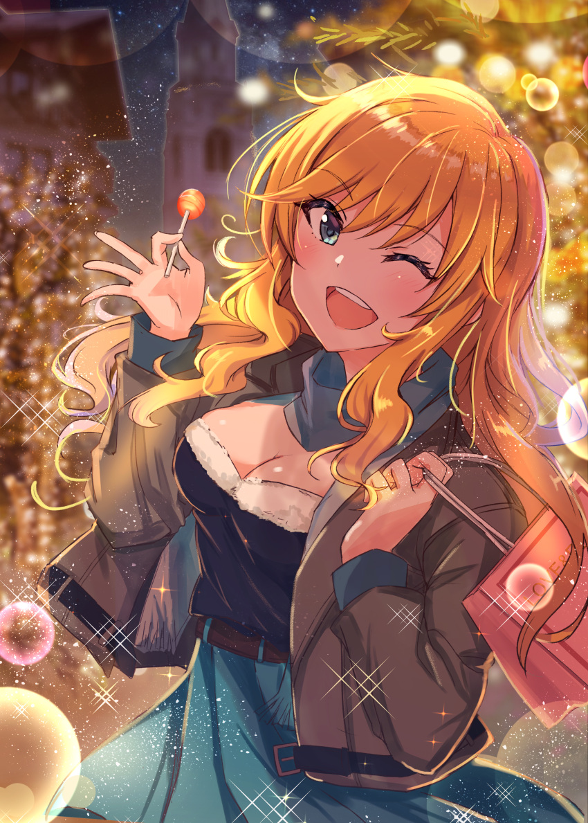 1girl ;d absurdres black_shirt blonde_hair blue_eyes blue_skirt blurry blurry_background breasts candy cleavage floating_hair food fur-trimmed_shirt grey_jacket grey_scarf highres holding idolmaster idolmaster_cinderella_girls jacket lollipop long_hair looking_at_viewer medium_breasts miniskirt night okutomi_fumi one_eye_closed ootsuki_yui open_clothes open_jacket open_mouth outdoors road scarf shirt skirt smile solo sparkle street