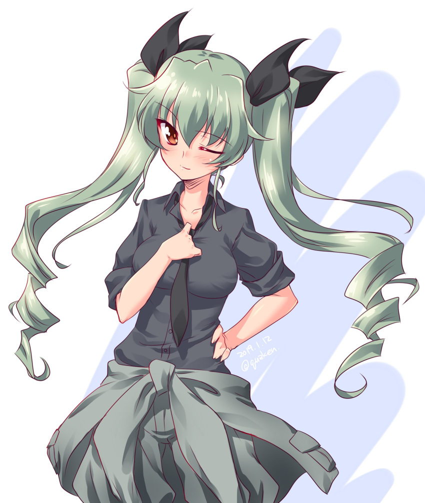 1girl adjusting_clothes adjusting_necktie anchovy anzio_military_uniform bangs black_neckwear black_ribbon black_shirt blush clothes_around_waist commentary dated dress_shirt drill_hair eyebrows_visible_through_hair girls_und_panzer green_hair grey_jacket grey_pants hair_ribbon hand_on_hip head_tilt highres jacket kuzuryuu_kennosuke long_hair long_sleeves looking_at_viewer loose_necktie military military_uniform necktie one_eye_closed pants red_eyes ribbon shirt simple_background sleeves_rolled_up solo standing twin_drills twintails twitter_username uniform white_background