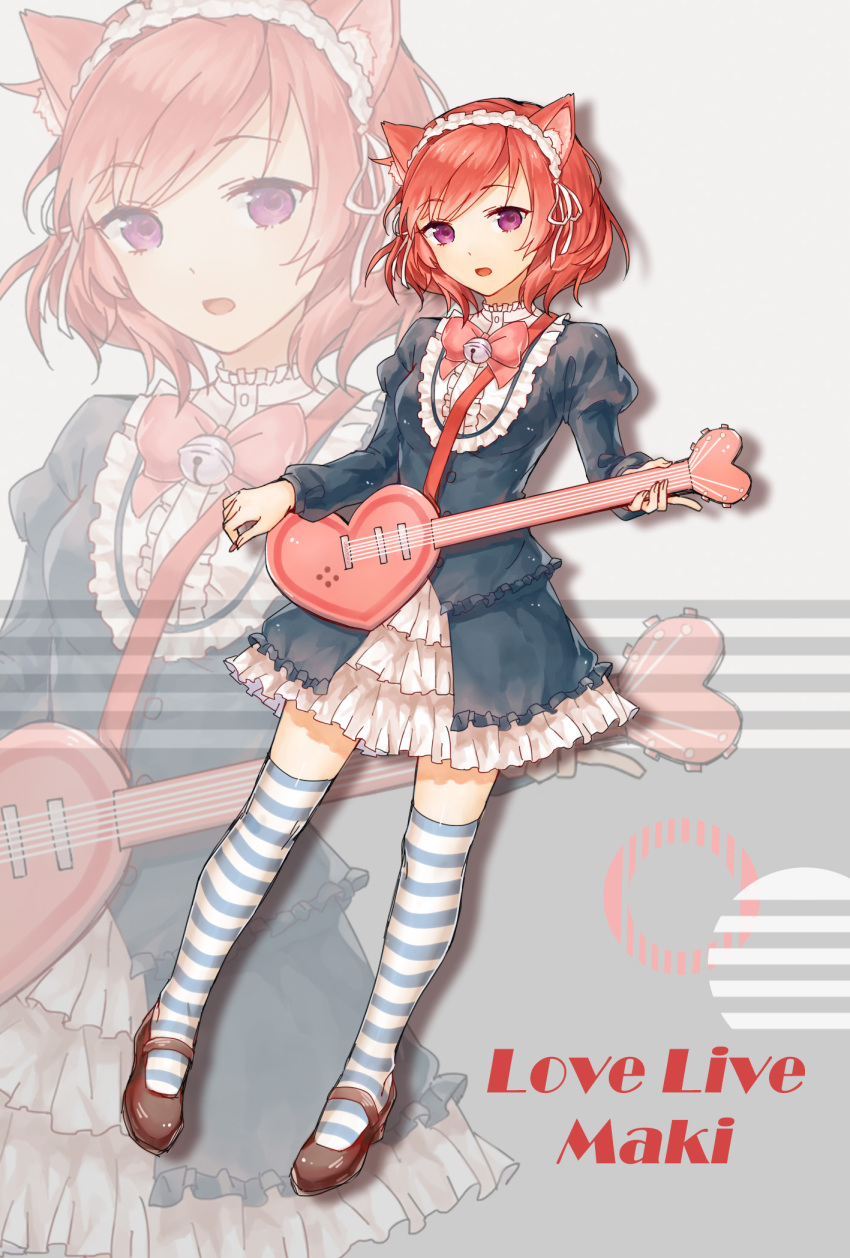 1girl animal_ears bell blue_jacket bow bowtie breasts cat_ears commentary_request dress eyebrows_visible_through_hair frills guitar headdress heart highres instrument jacket looking_at_viewer love_live! love_live!_school_idol_project medium_breasts nishikino_maki open_mouth pink_bow pink_heart pink_neckwear puffy_sleeves redhead short_hair smile solo striped striped_legwear thigh-highs txy_12 violet_eyes white_dress white_headdress