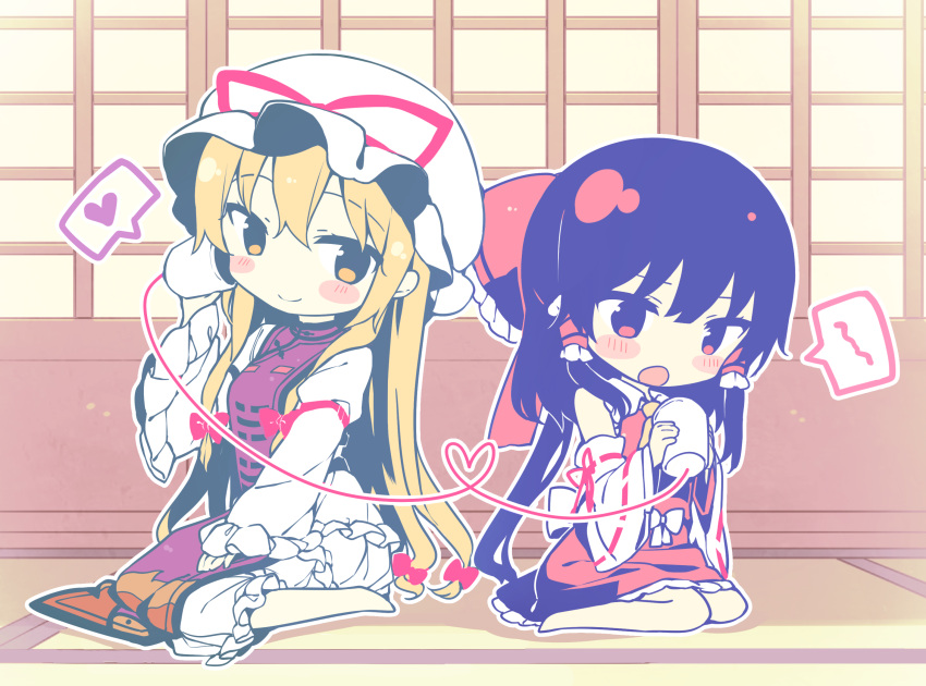 ascot barefoot black_hair blonde_hair blush_stickers bow breasts chibi commentary_request detached_sleeves dress frilled_bow frilled_sleeves frills hair_bow hair_tubes hakurei_reimu hand_up hat hat_ribbon heart heart_of_string highres holding indoors juliet_sleeves layered_dress long_hair long_sleeves looking_at_viewer medium_breasts miniskirt mob_cap outline petticoat puffy_sleeves red_bow red_eyes red_ribbon red_skirt ribbon ribbon-trimmed_sleeves ribbon_trim shinoba sitting skirt skirt_set sliding_doors smile spoken_heart string_phone touhou very_long_hair wariza white_bow white_headwear white_outline wide_sleeves yakumo_yukari yellow_eyes yellow_neckwear yuri