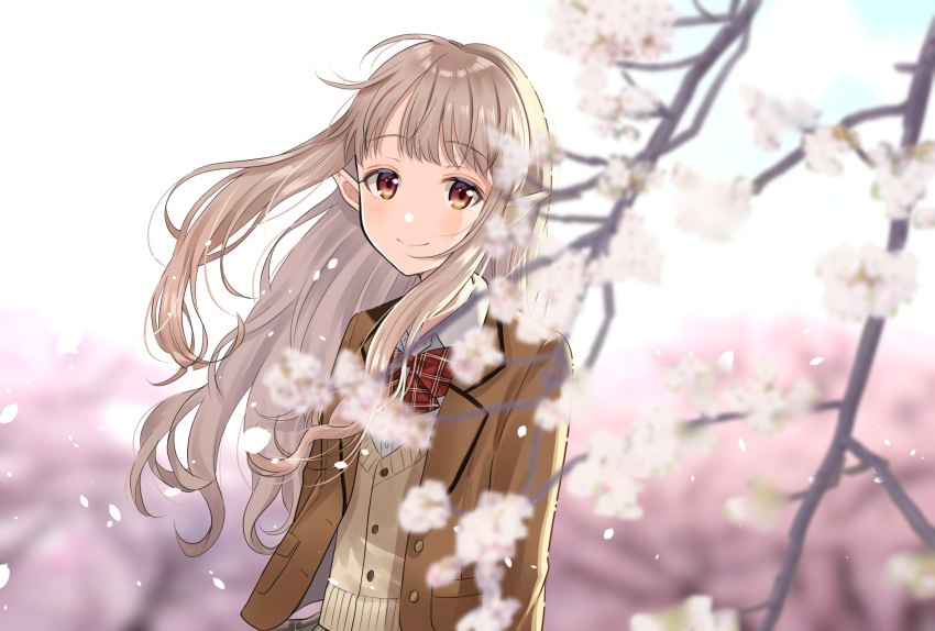 1girl bangs breasts cherry_blossoms closed_mouth commentary_request elf elu_(nijisanji) eyebrows_visible_through_hair flower highres jacket long_hair looking_at_viewer myusha necktie nijisanji outdoors pointy_ears red_eyes school_uniform smile solo sweater_vest very_long_hair virtual_youtuber