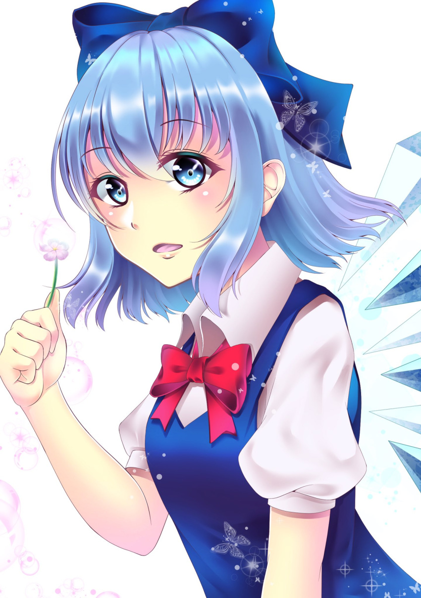 1girl bangs blue_bow blue_dress blue_eyes blue_hair blush bow bowtie bug butterfly cirno commentary_request dress eyebrows_visible_through_hair flower hair_between_eyes hair_bow hand_up highres holding holding_flower ice ice_wings insect looking_at_viewer open_mouth pinafore_dress pink_flower puffy_short_sleeves puffy_sleeves red_bow red_neckwear shirt short_hair short_sleeves sidelocks simple_background solo sparkle tachiaoi_(r1921l) touhou upper_body white_background white_shirt wing_collar wings
