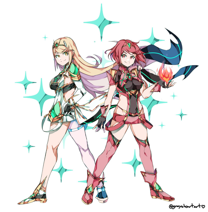 2girls armor bangs blonde_hair breasts cleavage_cutout covered_navel earrings fingerless_gloves full_body gem gloves graysheartart headpiece highres mythra_(xenoblade) pyra_(xenoblade) jewelry multiple_girls nintendo red_eyes red_shorts redhead short_hair shorts shoulder_armor simple_background smile swept_bangs thigh_strap tiara xenoblade_(series) xenoblade_2 yellow_eyes