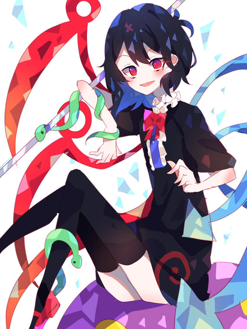 1girl :d absurdres asymmetrical_wings bangs black_dress black_hair black_legwear blue_wings blush bow bowtie collar dress eyebrows_visible_through_hair frilled_collar frills full_body highres houjuu_nue knees_up mary_janes open_mouth red_bow red_eyes red_footwear red_neckwear red_wings shoes short_hair short_sleeves smile snake solo thigh-highs touhou umemaro_(siona0908) white_background wings