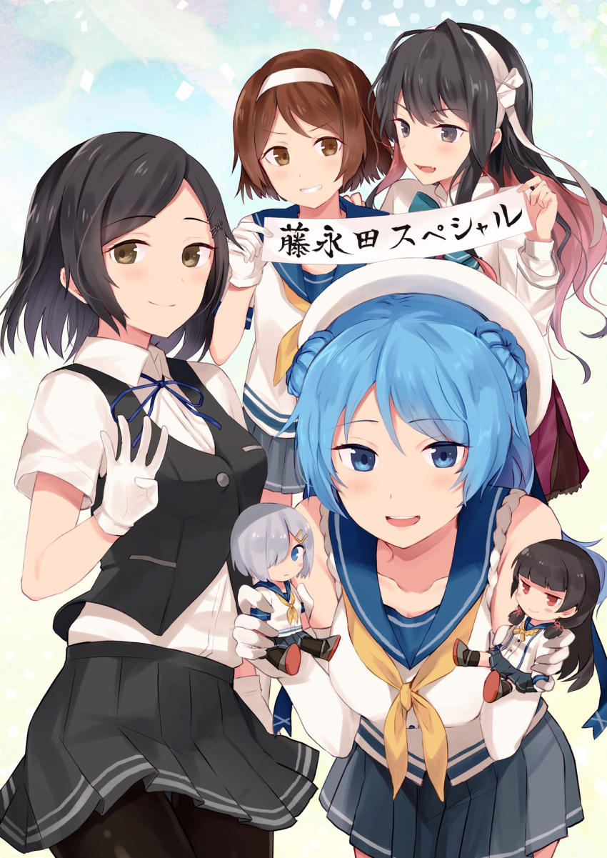 4girls banner bike_shorts black_hair blazer blue_eyes blue_hair blue_neckwear blue_ribbon character_doll commentary_request double_bun elbow_gloves gloves grey_skirt hair_down hair_ornament hairband hairclip hamakaze_(kantai_collection) hat highres isokaze_(kantai_collection) jacket kantai_collection kuroshio_(kantai_collection) leaning_forward long_hair multicolored_hair multiple_girls naganami_(kantai_collection) neck_ribbon neckerchief pink_hair pleated_skirt remodel_(kantai_collection) ribbon sailor_hat school_uniform senbei_(senbe_i) serafuku shirt short_hair short_sleeves shorts shorts_under_skirt skirt sleeves_rolled_up tanikaze_(kantai_collection) two-tone_hair urakaze_(kantai_collection) v vest wavy_hair white_gloves white_hairband white_legwear white_shirt yellow_neckwear