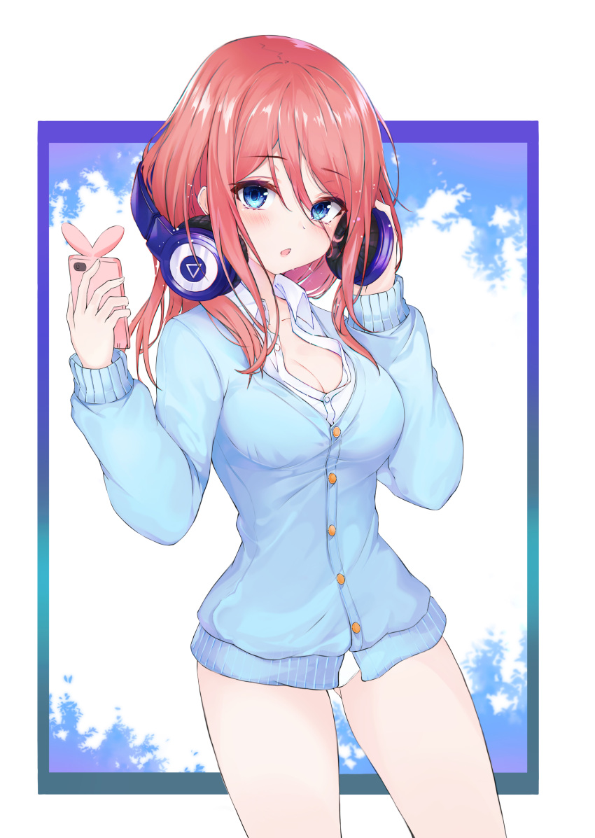 1girl absurdres ass_visible_through_thighs bangs blue_cardigan blue_eyes blush breasts buttons cellphone chestnut_mouth cleavage collarbone collared_shirt cowboy_shot go-toubun_no_hanayome hair_between_eyes hands_up headphones highres holding holding_headphones holding_phone large_breasts lebring long_hair looking_at_viewer nakano_miku no_pants panties parted_lips phone redhead school_uniform shirt sidelocks solo standing thighs undershirt underwear white_panties white_shirt