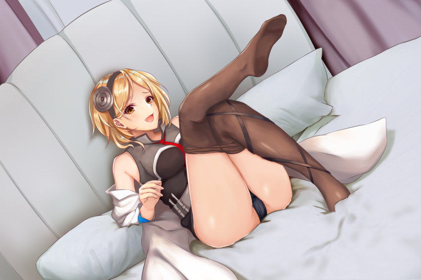 1girl bare_shoulders blonde_hair blue_panties blush breasts djeeta_(granblue_fantasy) fang feet granblue_fantasy highres lying medium_breasts necktie nurumaru_yu off_shoulder on_back panties pantyhose pantyhose_pull short_hair smile solo thighs underwear yellow_eyes