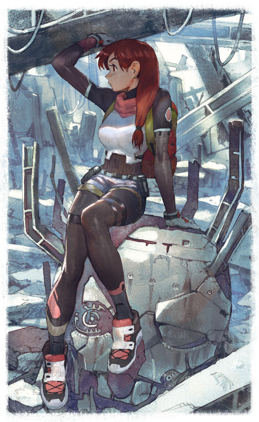 12v 1girl black_bodysuit black_shorts blue_gloves bodysuit breasts full_body gloves hair_over_shoulder highres large_breasts long_hair looking_to_the_side low-tied_long_hair original red_eyes red_scarf redhead scarf shoes short_sleeves shorts sitting sneakers solo