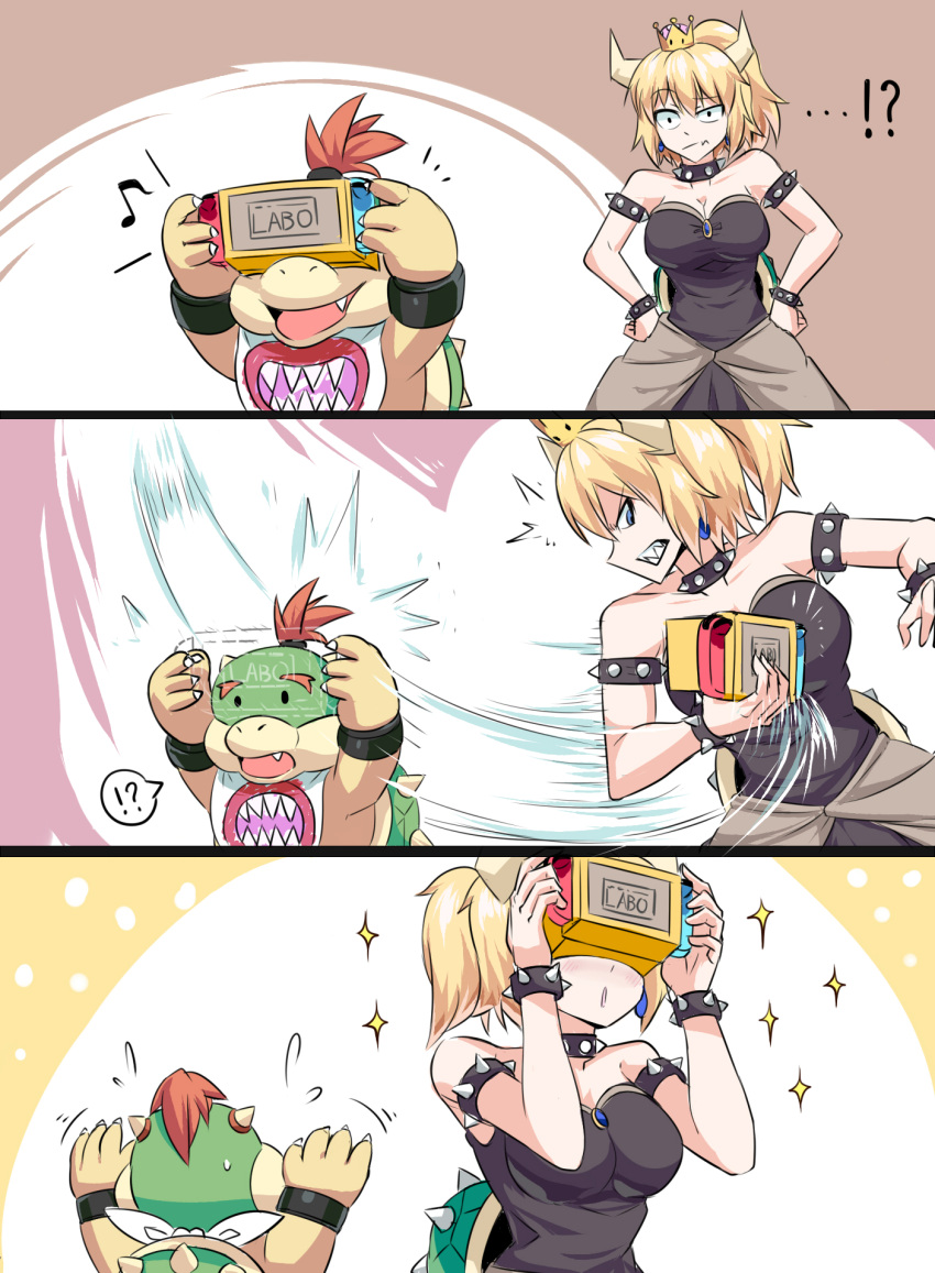 ! !? 1boy 1girl ? bangs bare_shoulders bib black_collar black_dress blonde_hair blue_earrings blue_eyes bowser_jr. bowsette bracelet breasts brooch cleavage collar commentary_request constricted_pupils dress earrings fang flying_sweatdrops hair_between_eyes hands_on_hips happy height_difference highres horns jewelry long_ponytail looking_at_another super_mario_bros. medium_breasts mother_and_son motion_lines musical_note new_super_mario_bros._u_deluxe nintendo nintendo_labo nintendo_switch raised_eyebrows redhead sapphire_(gemstone) sharp_teeth shiny shiny_hair short_hair sidelocks snatch solid_circle_eyes sparkle spiked_armlet spiked_bracelet spiked_collar spiked_shell spiked_tail spikes spoken_exclamation_mark spoken_musical_note spoken_question_mark strapless strapless_dress super_crown suzusiigasuki tail teeth turtle_shell waist_cape