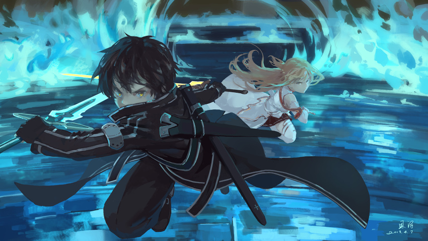 1boy 1girl asuna_(sao) bare_shoulders black_coat black_gloves black_hair black_pants black_skirt blonde_hair blue_background commentary dated dual_wielding elbow_gloves fighting_stance fingerless_gloves gloves highres holding holding_sword holding_weapon kirito long_hair making-of_available pants pleated_skirt running sheath signature skirt sleeveless sword sword_art_online thigh-highs weapon white_gloves white_legwear xiaobanbei_milk yellow_eyes