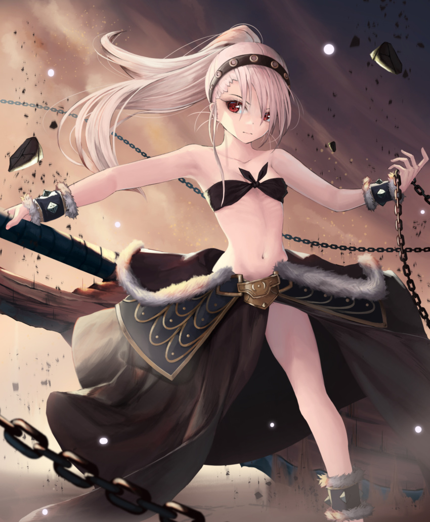 1girl absurdres bandeau bangs bare_arms bare_legs bare_shoulders black_skirt bracelet breasts chains closed_mouth commentary debris fate/kaleid_liner_prisma_illya fate_(series) faulds feathers feet_out_of_frame front-tie_top fur_trim gradient gradient_background headband highres holding holding_weapon illyasviel_von_einzbern jewelry long_hair looking_at_viewer navel nekobell pink_hair prisma_illya red_eyes skirt small_breasts solo spiked_anklet spiked_bracelet spikes stomach thighs weapon