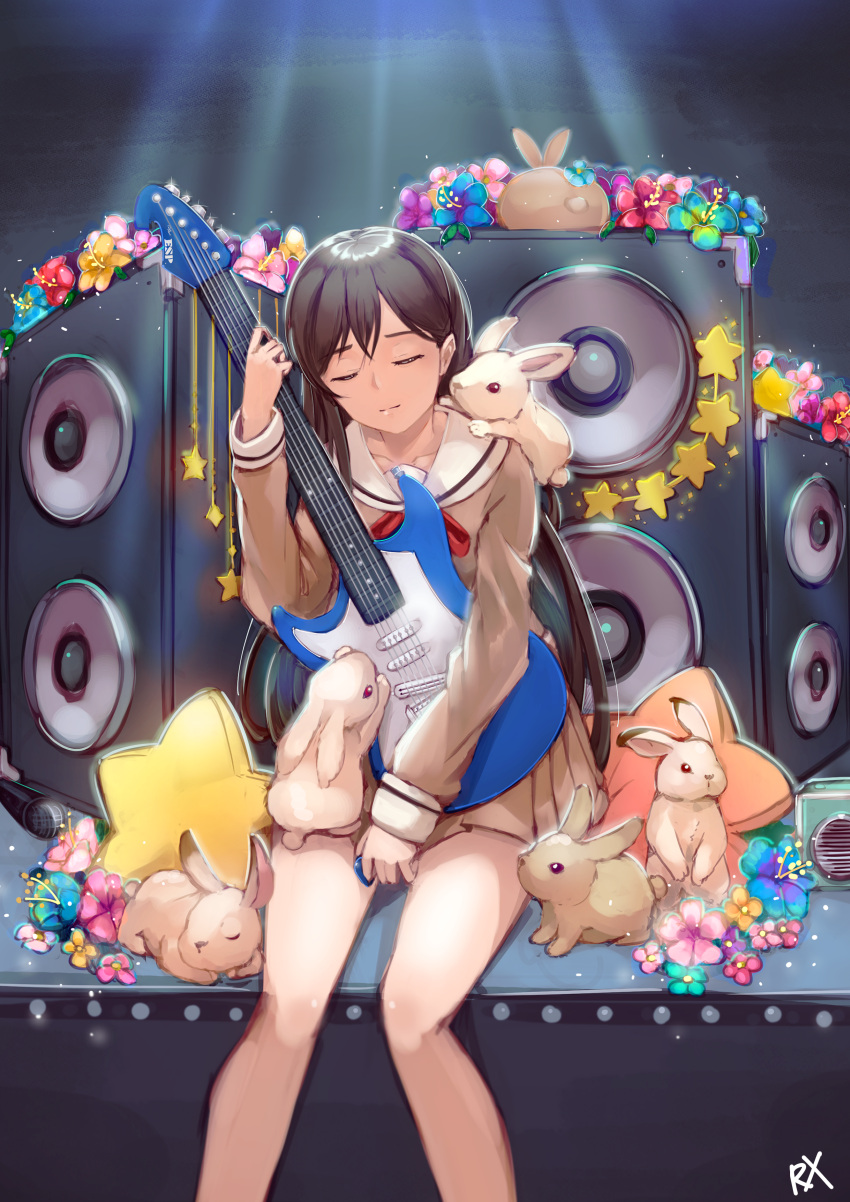 1girl absurdres amplifier angruoxin bang_dream! bare_legs black_hair brown_hair closed_eyes flower guitar hanazono_tae highres holding holding_instrument holding_plectrum instrument light_rays light_smile long_hair long_sleeves pleated_skirt plectrum rabbit school_uniform sitting skirt solo speaker star