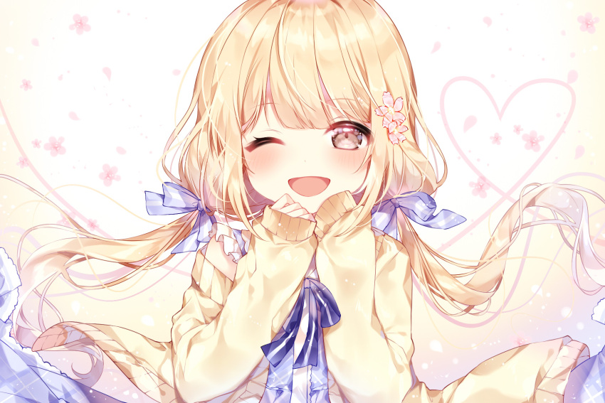 1girl ;d blonde_hair blue_bow blue_dress blush bow brown_eyes brown_jacket commentary_request dress flower futaba_anzu hair_bow hair_flower hair_ornament hands_up heart highres idolmaster idolmaster_cinderella_girls idolmaster_cinderella_girls_starlight_stage jacket long_hair long_sleeves low_twintails off_shoulder one_eye_closed open_mouth petals pink_flower plaid plaid_dress sleeves_past_wrists smile solo striped striped_bow taya_5323203 twintails upper_body very_long_hair wind