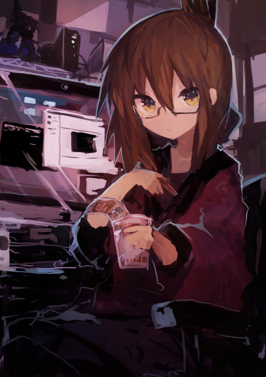 absurdres alternate_costume bangs brown_hair chopsticks commentary cup_noodle desk desktop eating folded_ponytail food glasses gundam hair_between_eyes happi highres holding holding_chopsticks holding_food inazuma_(kantai_collection) japanese_clothes kaamin_(mariarose753) kantai_collection long_hair looking_at_viewer model monitor ramen red_happi sidelocks yellow_eyes