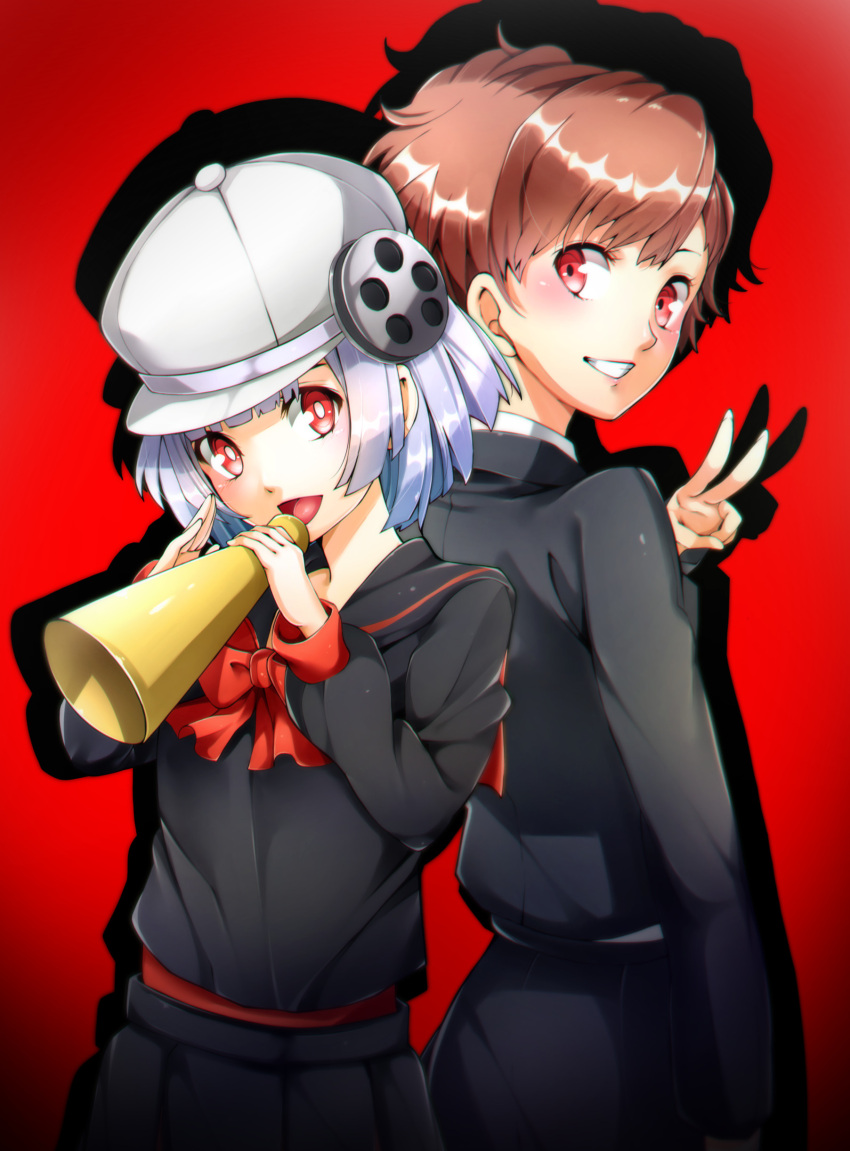 2girls :d absurdres atlus back-to-back black_jacket black_sailor_collar black_shirt black_skirt bow bowtie brown_hair character_request copyright_request crossover female_protagonist_(persona_3) grin hat highres holding imo_(evekelu-111) jacket long_sleeves looking_at_viewer megami_tensei multiple_girls open_mouth persona persona_3 persona_3_portable persona_q2:_new_cinema_labyrinth pleated_skirt red_background red_bow red_eyes red_neckwear sailor_collar shadow shiomi_kotone shirt short_hair silver_hair skirt smile v white_headwear