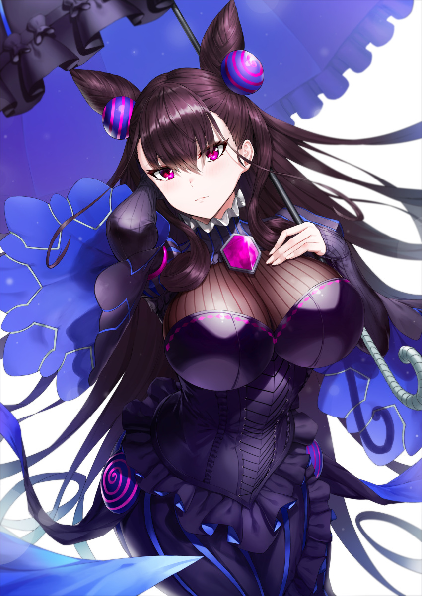 1girl absurdres bangs black_dress breasts brown_hair closed_mouth double_bun dress fate/grand_order fate_(series) frills greem_bang hair_between_eyes hair_ornament hand_in_hair hand_on_own_chest highres huge_filesize large_breasts long_hair long_sleeves looking_at_viewer murasaki_shikibu_(fate) paid_reward patreon_reward puffy_sleeves simple_background solo umbrella very_long_hair violet_eyes white_background