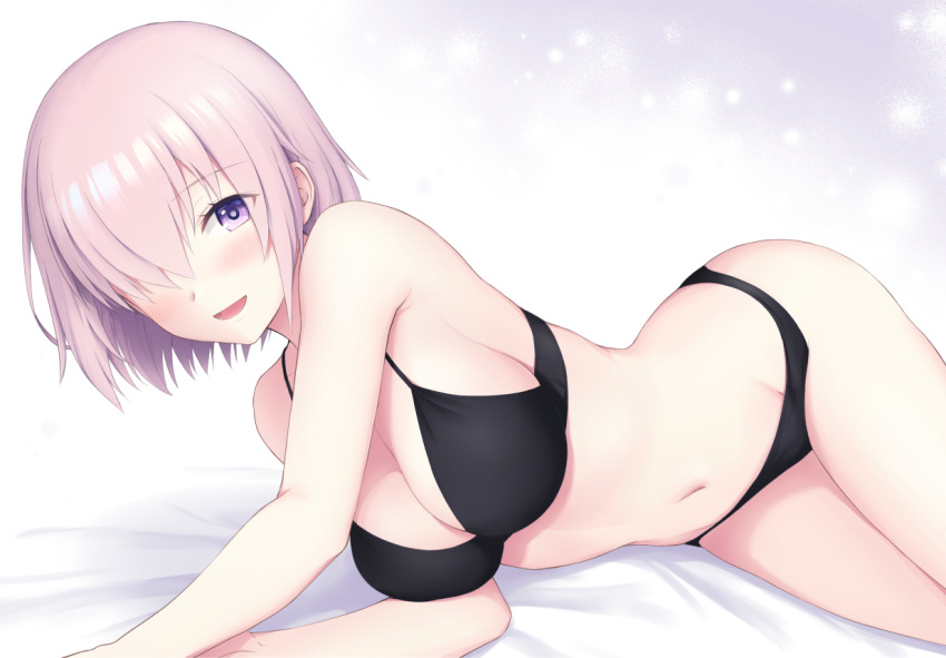1girl ass bangs bare_shoulders black_bra black_panties blush bra breasts chacharan cleavage collarbone commentary_request eyebrows_visible_through_hair fate/grand_order fate_(series) hair_between_eyes hair_over_one_eye large_breasts lavender_hair looking_at_viewer lying mash_kyrielight navel on_side open_mouth panties short_hair simple_background smile solo thighs underwear underwear_only violet_eyes