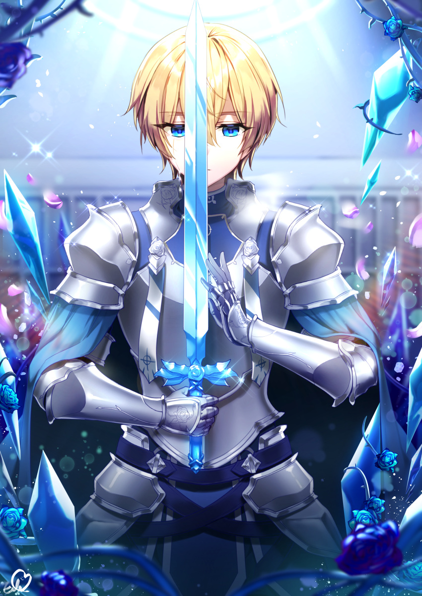 1boy absurdres armor blonde_hair blue_eyes commentary_request cowboy_shot eile_(esspril) eugeo eyebrows_visible_through_hair gauntlets hair_between_eyes highres holding holding_sword holding_weapon male_focus short_hair solo sword sword_art_online sword_art_online_alicization weapon