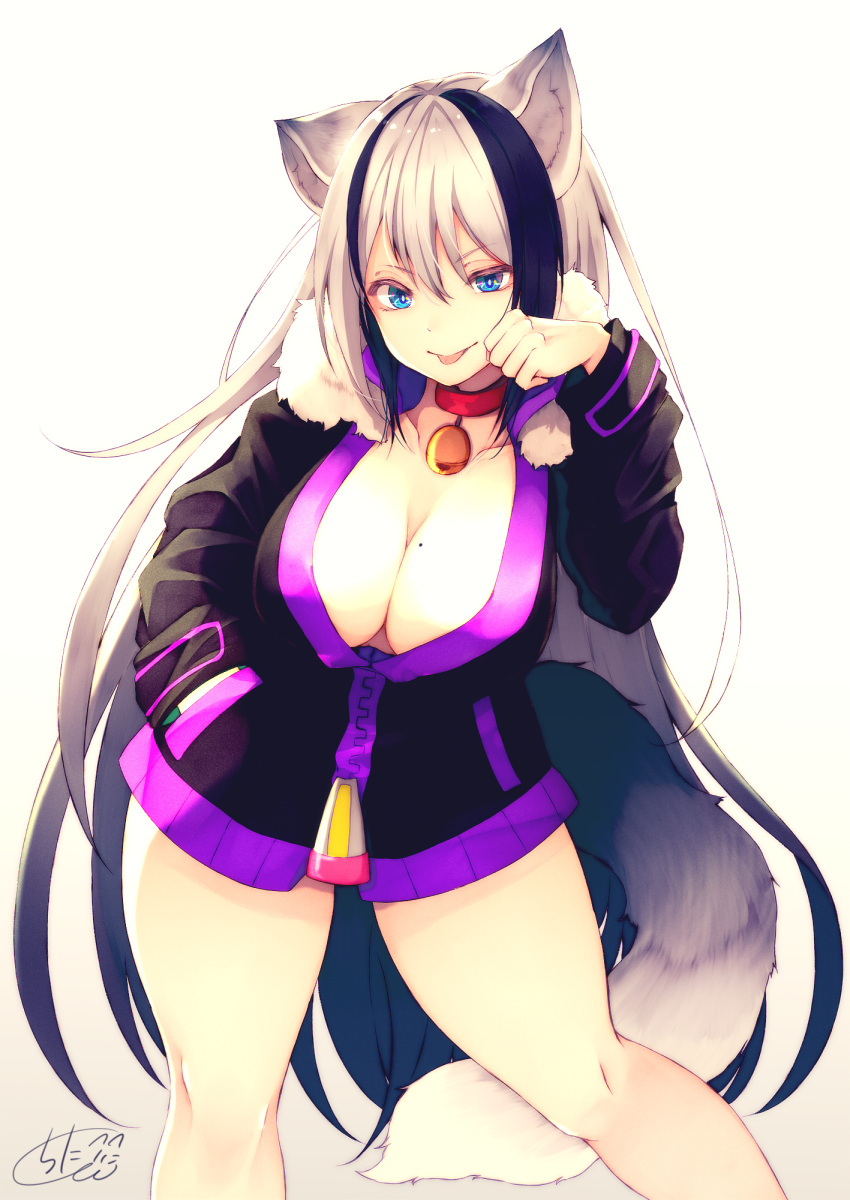 1girl :p absurdly_long_hair animal_ears bangs bell bell_collar black_hair black_jacket blue_eyes breasts cat cat_ears cat_tail chita_(ketchup) cleavage collar commentary_request cowboy_shot fur-trimmed_jacket fur_trim gradient_hair hair_between_eyes hand_in_pocket highres jacket jingle_bell large_breasts long_hair long_sleeves looking_at_viewer mole mole_on_breast multicolored_hair open_clothes open_jacket original paw_pose red_collar signature simple_background standing streaked_hair tail tongue tongue_out very_long_hair white_background white_hair zipper_pull_tab