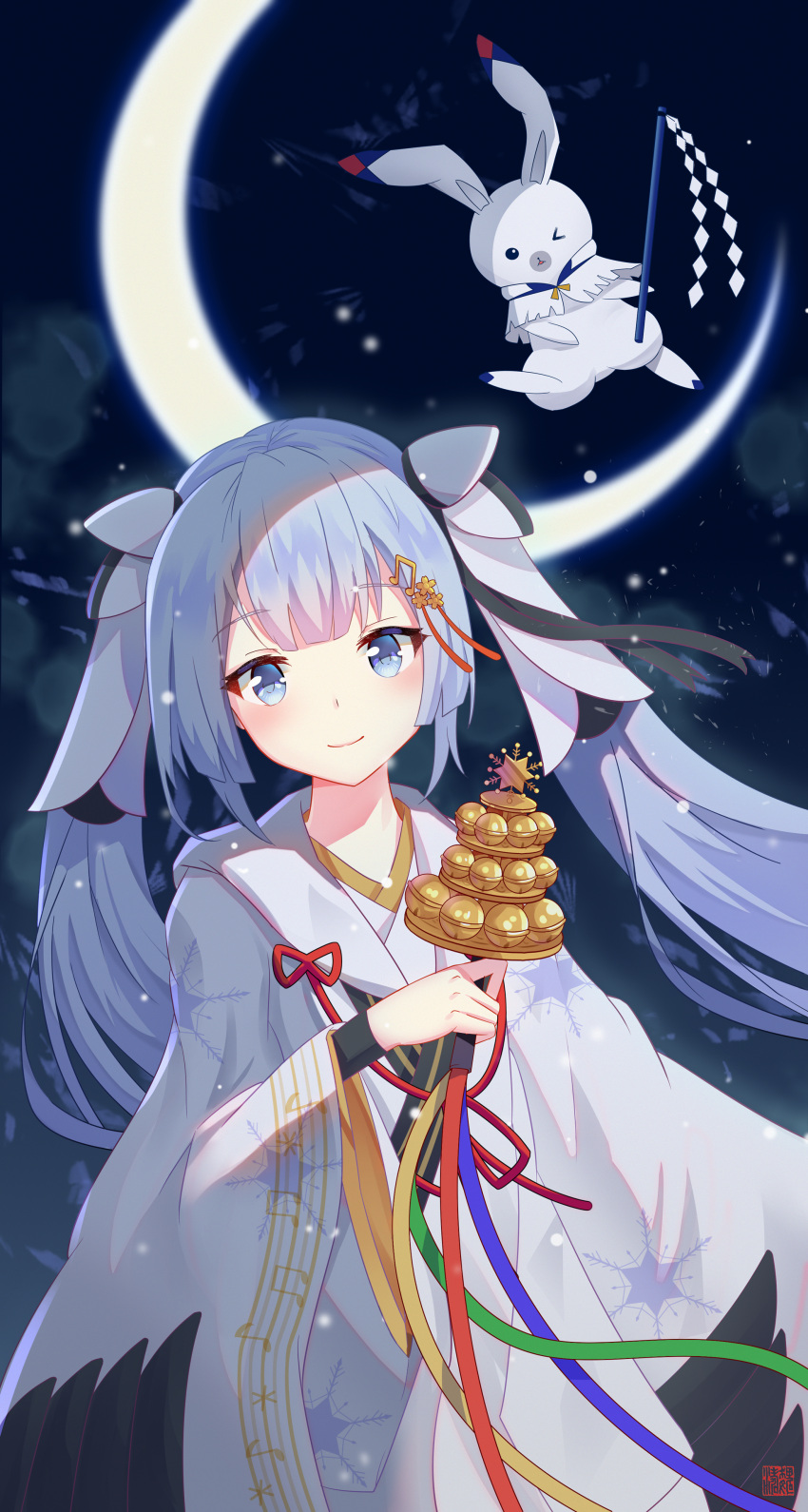 &gt;_o 1girl absurdres alternate_costume blue_eyes blue_hair blush commentary_request crescent_moon floating hair_ornament hatsune_miku highres holding japanese_clothes kimono long_hair long_sleeves looking_at_viewer moon musical_note musical_note_hair_ornament one_eye_closed rabbit red_ribbon ribbon snowflake_print twintails very_long_hair vocaloid w-t white_kimono wide_sleeves yuki_miku