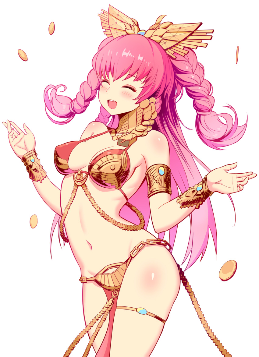 1girl :d ^_^ aaeru armlet bare_shoulders blush bracelet braid breasts cleavage closed_eyes closed_eyes commentary_request contrapposto covered_nipples cowboy_shot destiny_child facing_viewer floating_hair groin hair_ornament highres jewelry long_hair medium_breasts navel open_mouth pelvic_curtain pink_hair red_bikini_top simple_background smile solo standing stomach thighs twin_braids very_long_hair white_background