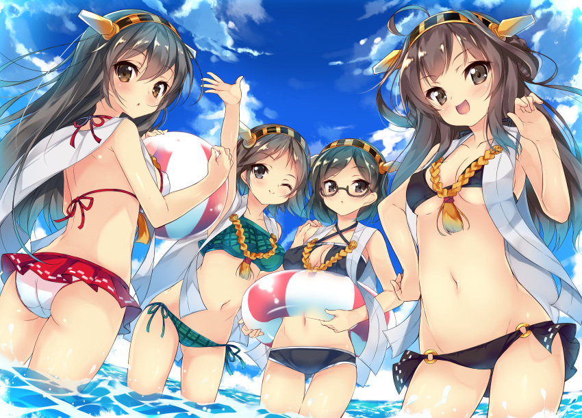 4girls absurdres ahoge arm_up ass ball beachball bikini black_bikini breasts brown_eyes brown_hair cleavage cleavage_cutout clouds glasses green_bikini hairband hand_on_hip haruna_(kantai_collection) hiei_(kantai_collection) highres innertube kantai_collection kirishima_(kantai_collection) kongou_(kantai_collection) long_hair looking_at_viewer looking_back lowleg lowleg_bikini mayuzaki_yuu medium_breasts multiple_girls navel ocean one_eye_closed open_mouth outdoors short_hair side-tie_bikini sky smile standing swimsuit thigh_gap wading water waving white_bikini