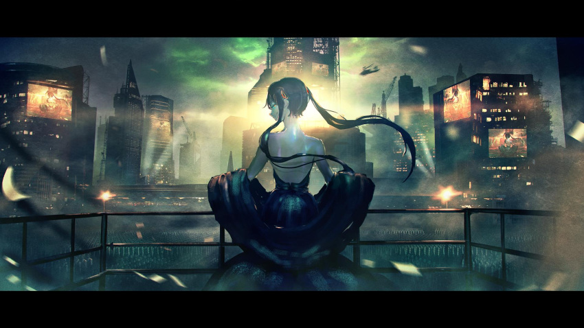 1girl aircraft back backless_dress backless_outfit bare_back bare_shoulders building city cityscape clouds cloudy_sky crane crowd dress from_behind green_hair hatsune_miku helicopter highres lamppost long_hair looking_at_viewer looking_back night outdoors ozaki_(sn_ozk) sky skyscraper smile smirk standing sunset twintails vocaloid