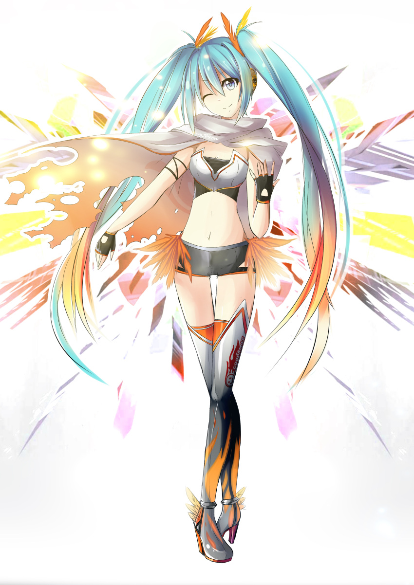1girl ;) absurdres black_gloves black_shorts blue_eyes blue_hair boots breasts cape cleavage crop_top cutout feathers fingerless_gloves floating_hair full_body gloves gradient_hair grey_footwear hair_between_eyes hair_feathers hatsune_miku head_tilt headphones highres long_hair looking_at_viewer midriff multicolored_hair navel one_eye_closed orange_feathers orange_hair orange_legwear racing_miku racing_miku_(2016) shiny shiny_clothes short_shorts shorts small_breasts smile solo standing stomach strapless thigh-highs thigh_boots torn_cape torn_clothes two-tone_hair very_long_hair vocaloid white_cape yellow_feathers yen-mi