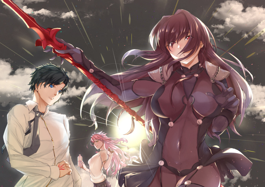 1boy 2girls black_hair bodysuit bottle breasts brown_hair chaldea_uniform clouds cloudy_sky command_spell covered_navel fate/grand_order fate_(series) fujimaru_ritsuka_(male) gae_bolg hair_intakes highres holding holding_weapon kuziaaizuk large_breasts leotard long_hair looking_at_viewer medb_(fate)_(all) medb_(fate/grand_order) moon multiple_girls necktie night outdoors pauldrons pink_hair polearm purple_bodysuit purple_hair purple_leotard red_eyes scathach_(fate)_(all) scathach_(fate/grand_order) shirt shoulder_armor sky smile spear t-shirt tiara water_bottle weapon yellow_eyes