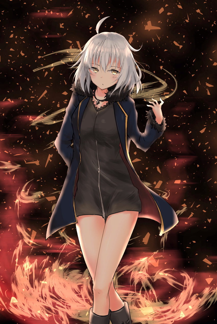 1girl absurdres ahoge bangs bare_legs blue_jacket blush boots breasts cape commentary_request dark_background dot_nose eyebrows_visible_through_hair fate/grand_order fate_(series) fur-trimmed_cape fur_collar fur_trim hair_between_eyes highres jacket jeanne_d'arc_(alter)_(fate) jeanne_d'arc_(fate)_(all) large_breasts long_sleeves looking_at_viewer short_hair silver_hair solo uzuki_tsukuyo yellow_eyes