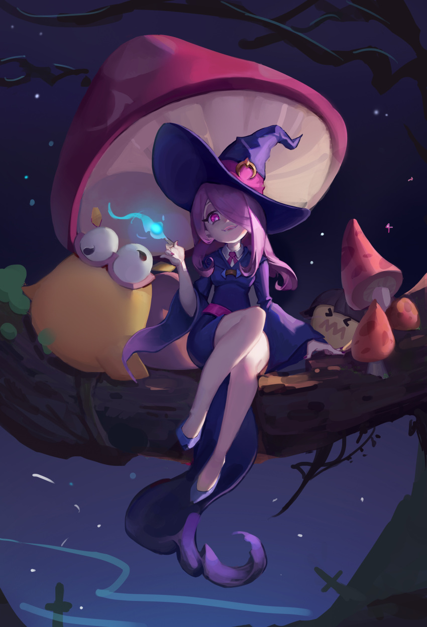 1girl absurdres alternate_eye_color blue_fire breasts collar commentary_request eyeshadow fire flame hair_over_one_eye half-closed_eyes hat highres index_finger_raised lavender_hair little_witch_academia long_hair looking_at_viewer luna_nova_school_uniform magic makeup moss mushroom nail_polish night night_sky no_socks open_mouth pointy_shoes purple_nails purple_neckwear school_uniform shoes sitting sitting_on_branch sky small_breasts smile star_(sky) strange_7 sucy_manbavaran thighs tree_branch violet_eyes white_collar wide_sleeves witch witch_hat