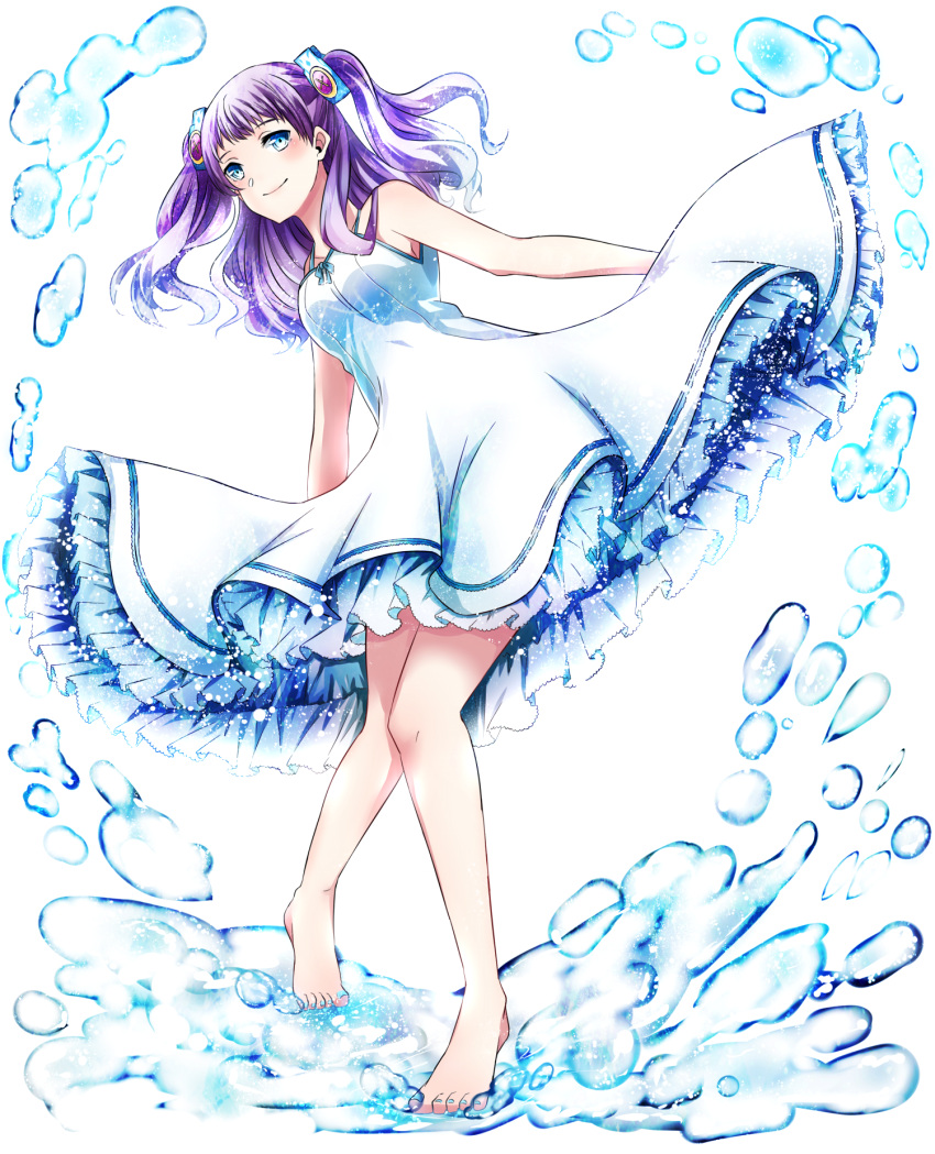 1girl barefoot blue_eyes blue_nails divine_gate dress floating_hair full_body getsuyoubi highres leaning_to_the_side long_hair looking_at_viewer nail_polish purple_hair simple_background sleeveless sleeveless_dress smile solo sundress toenail_polish twintails white_background white_dress