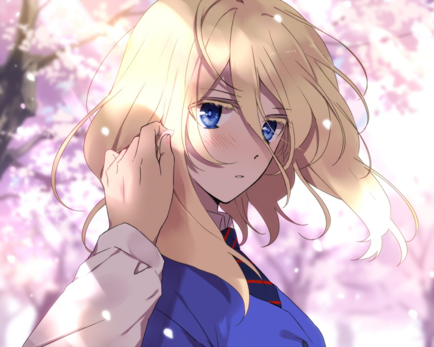 1girl amazuki_jou andou_(girls_und_panzer) backlighting bc_freedom_school_uniform blonde_hair blue_eyes blue_neckwear blue_sweater blurry blurry_background cardigan cherry_blossoms commentary day depth_of_field diagonal_stripes dress_shirt eyebrows_visible_through_hair eyelashes girls_und_panzer hand_in_another's_hair highres light_frown long_sleeves looking_at_viewer medium_hair necktie oshida_(girls_und_panzer) out_of_frame outdoors parted_lips red_neckwear school_uniform shirt solo_focus standing striped striped_neckwear sunlight sweater tree upper_body white_shirt wing_collar yuri