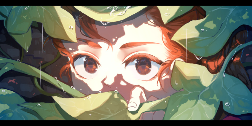 1girl arrietty brown_eyes close-up commentary dew_drop eyes face gtcockroach highres karigurashi_no_arrietty leaf looking_at_viewer minigirl redhead solo water_drop